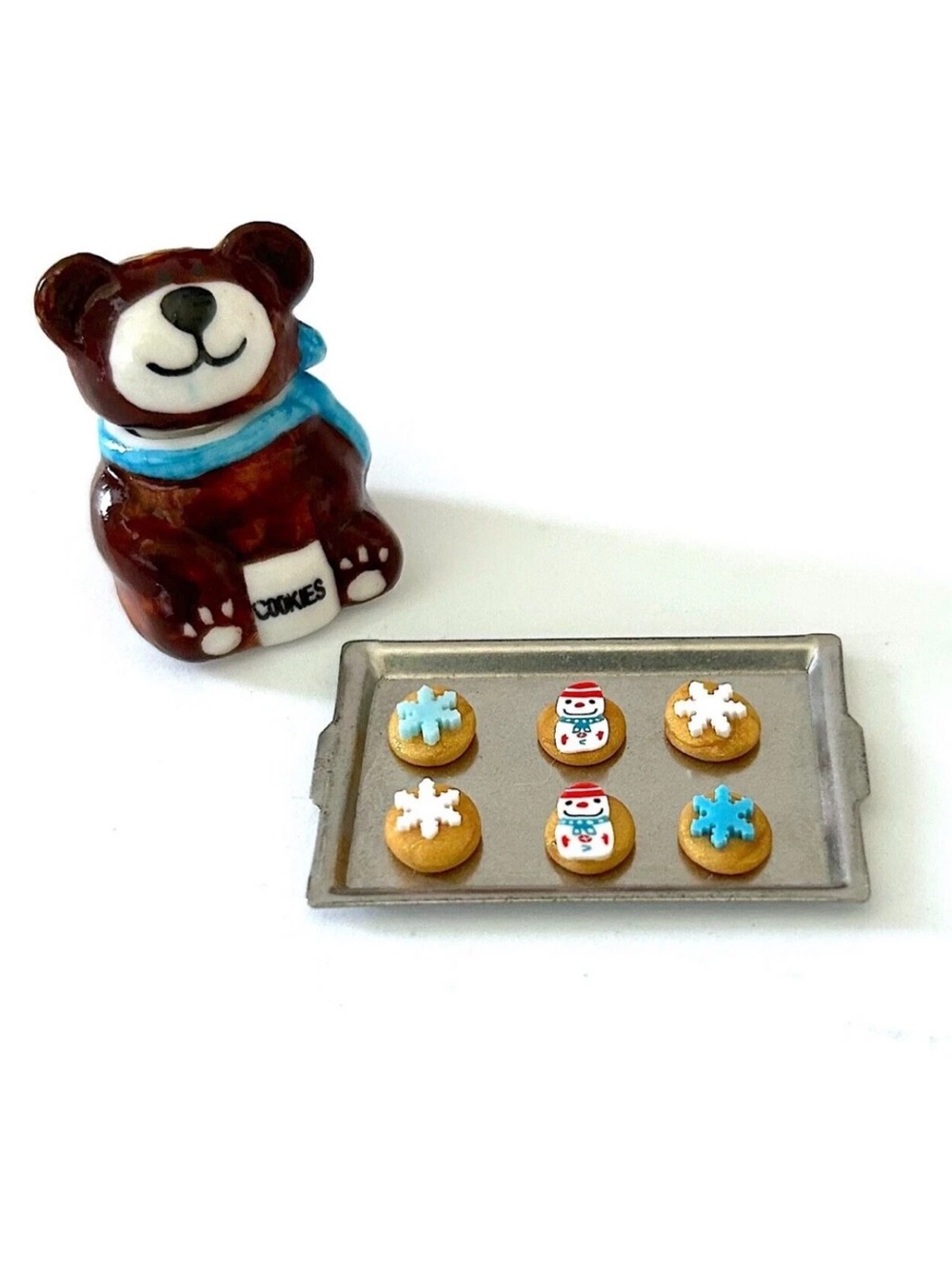 6 Miniature Doll COOKIES in Cookie Jar - Handmade Christmas Snowman & Snowflakes